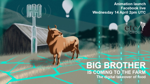 An illustration of a cow standing next to a high-tec farm house