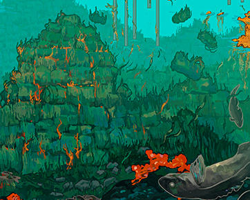 An artist's rendition of the impacts of industrial seaweed farming underwater.